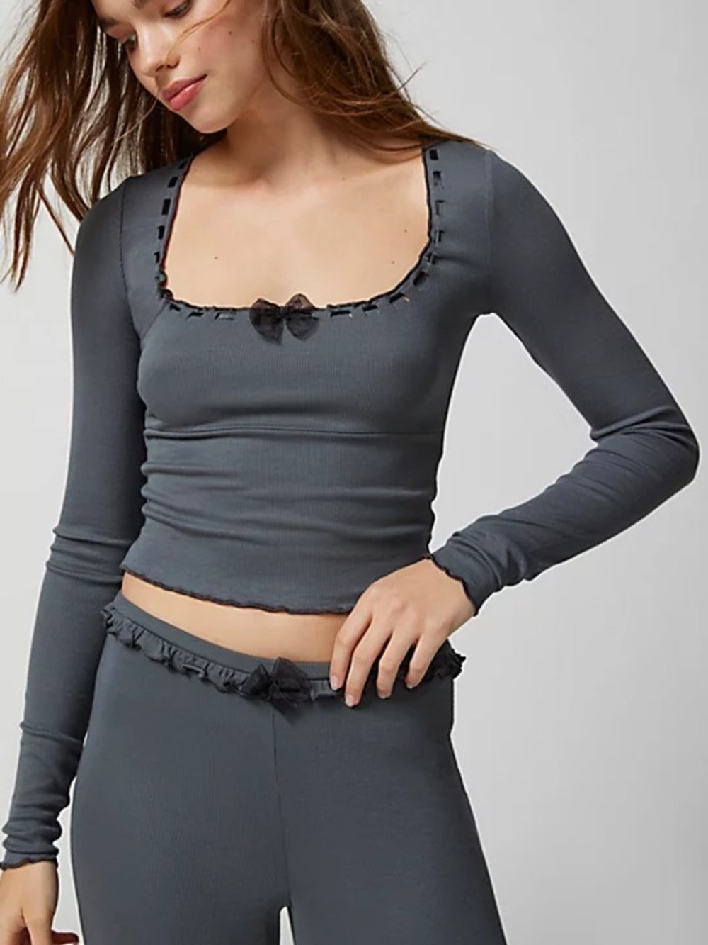 NWT Urban Outfitters Out From Under Gray Lettuce Trim Long Sleeve